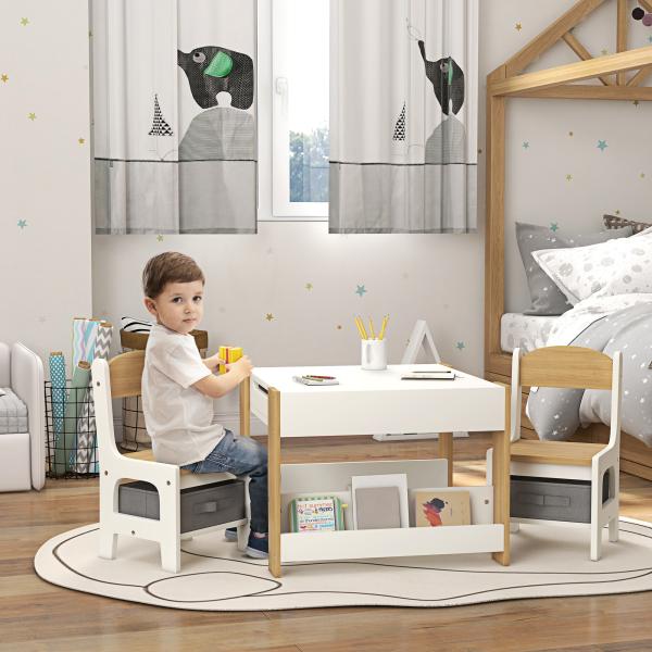Mesas e Cadeiras Infantis Conjunto 2 em 1 com Armazenamento Mesa 61,5x61,5x48 cm Cadeiras 28,5x30,5x53 cm para Quarto Dormitório Cinza