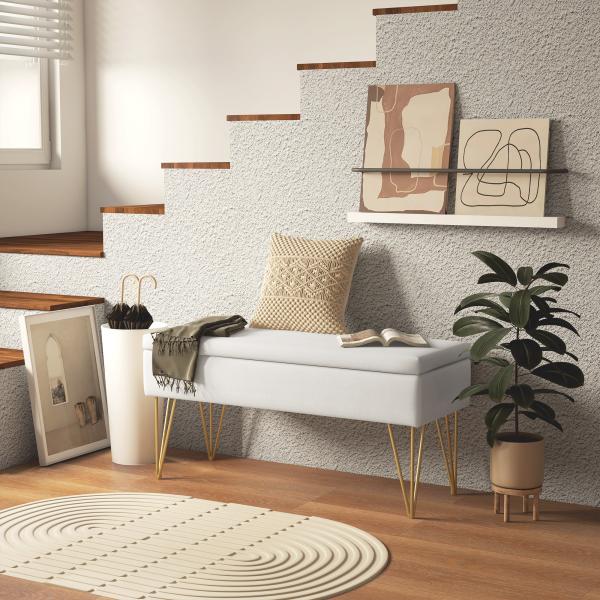 Banco para Pé de Cama Estofado em Tecido Sintético com Pernas de Aço e Assento Acolchoado 100x40x49 cm Creme