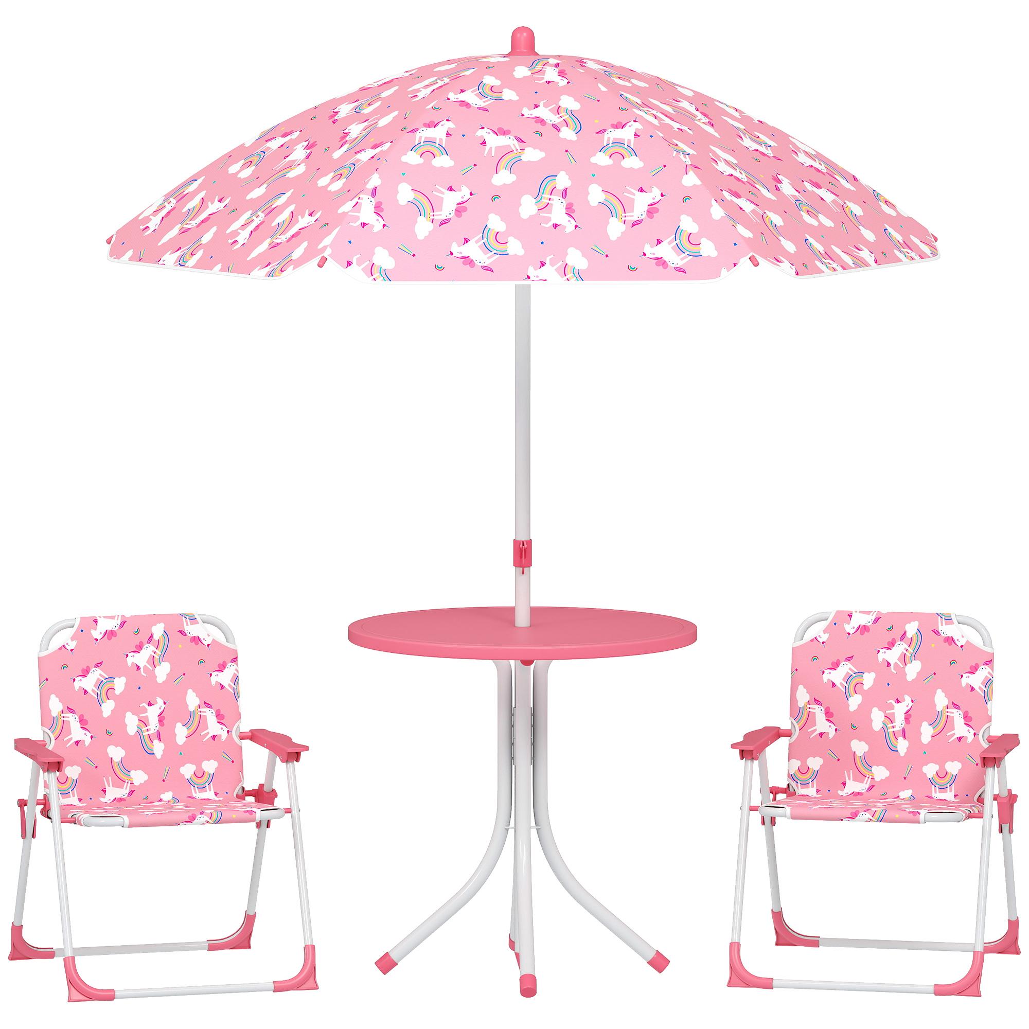 Conjunto Infantil de Mesa e Cadeiras de Jardim de 4 Peças Cadeiras Dobráveis Chapéu de Sol Desmontável Design Unicórnios Rosa