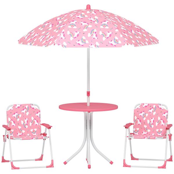 Conjunto Infantil de Mesa e Cadeiras de Jardim de 4 Peças Cadeiras Dobráveis Chapéu de Sol Desmontável Design Unicórnios Rosa