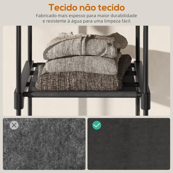Armário para Roupas 182x43x185 cm Armário Aberto com 8 Prateleiras de Tecido Barras para Pendurar 182x43x185 cm Preto