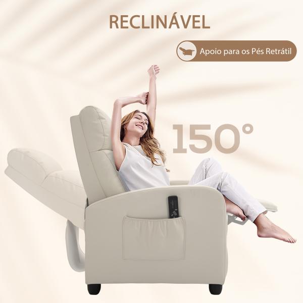 Poltrona de Massagem Reclinável com 2 Zonas de Massagem 8 Programas e 5 Níveis de Intensidade 68x88x98 cm Creme