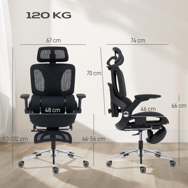 Cadeira de Escritório com Encosto Reclinável e Alto Suporte Lombar Transpirável Apoios de Braço 4D e Encosto de Cabeça Ajustável 67x74x113 - 132 cm Preto