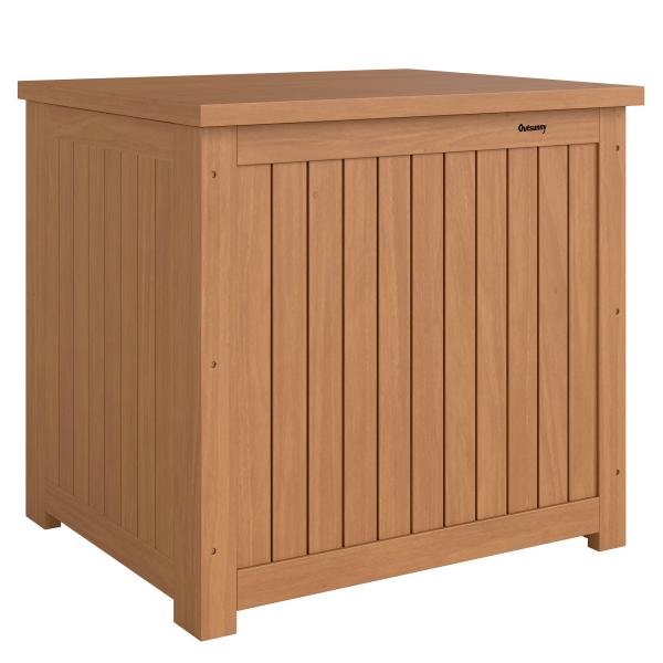 Baú de Exterior em Madeira 130L Arca de Armazenamento com Forro Tampa Articulada e Correia 63x51x58,5 cm Castanho