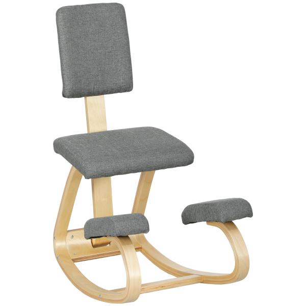 Cadeira Ergonómica de Joelhos com Encosto Almofadas Acolchoadas Estrutura de Madeira para Melhor Postura 51x84x93 cm Cinzento