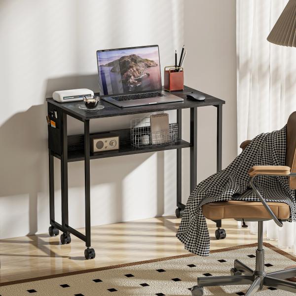 Secretária Dobrável com Rodas Prateleira e Bolso de Armazenamento Ideal para Espaços Pequenos 80x50x75 cm Preto