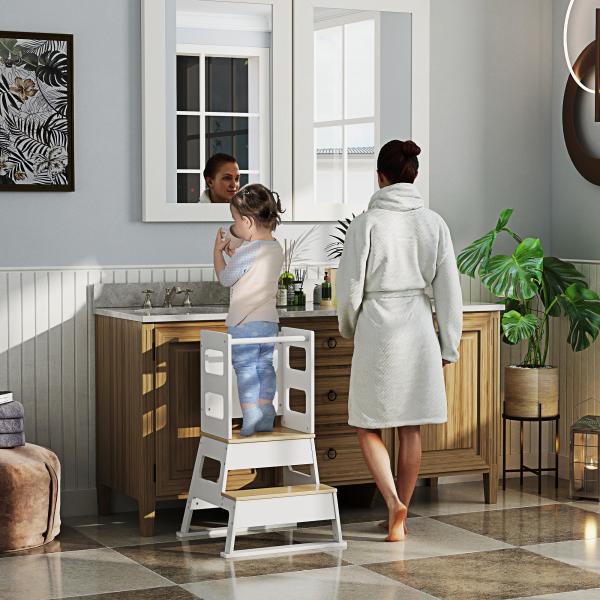 Torre de Aprendizagem para Crianças dos 3 - 6 Anos com Quadro e Grade de Segurança para Cozinha e Casa de Banho 55x52,5x87,5 cm Branco