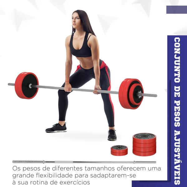 Conjunto de Barra de Pesos 30 kg com Discos Conjunto de Musculação com 6 Discos e 1 Barra para Treino de Força Levantamento de Pesos 170x26x26 cm Vermelho