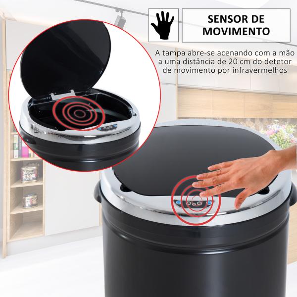 Balde do Lixo Automático 50L com Tampa de Fecho Suave e Silencioso Corpo em Aço Inoxidável Preto
