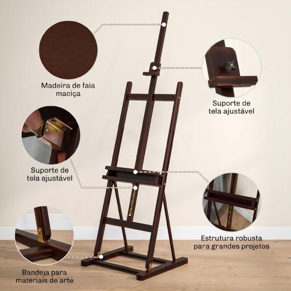 Cavalete de Pintura 230 cm com Altura e Ângulo Ajustáveis Arrumação para Adultos Artistas Pintores Castanho