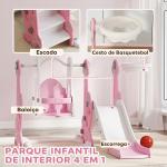 Escorrega Infantil 4 em 1 Parque Infantil com Baloiço e Escorrega Escalador Cesto de Basquetebol 147,5x160x107 cm Rosa