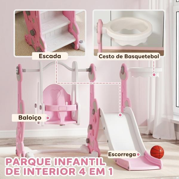 Escorrega Infantil 4 em 1 Parque Infantil com Baloiço e Escorrega Escalador Cesto de Basquetebol 147,5x160x107 cm Rosa