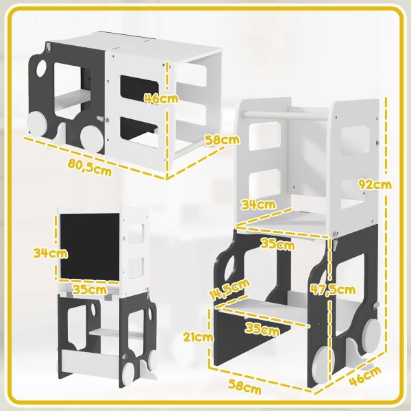 Torre de Aprendizagem 4 em 1 para Crianças em Forma de Carro Convertível em Mesa e Cadeira 58x46x92 cm Branco e Cinza