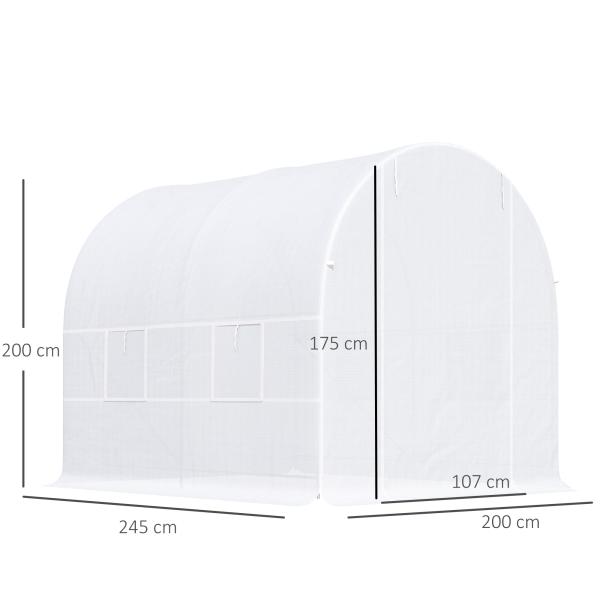 Estufa Tipo Túnel 245x200x200cm com Portas Enroláveis e 4 Janelas Cobertura de PE Estrutura de Metal Branco