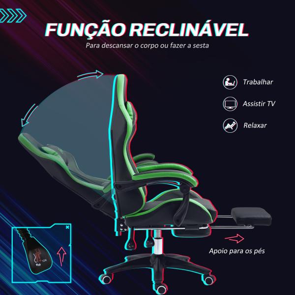 Cadeira Gaming Reclinável até 135° com Suporte Lombar Altura Ajustável Almofada de Cabeça e Apoio para os Pés Retrátil 65x65x121 - 129 cm Preto e Verde