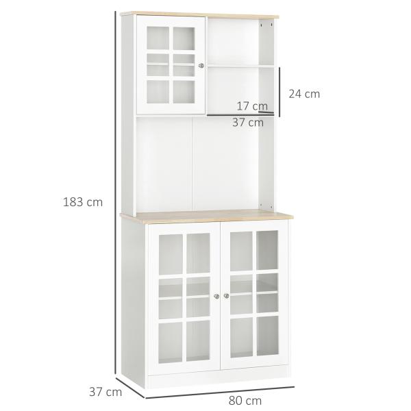 Armário de Cozinha com Prateleiras e Portas de Vidro para Pequenos Eletrodomésticos e Louças 80x37x183cm Branco