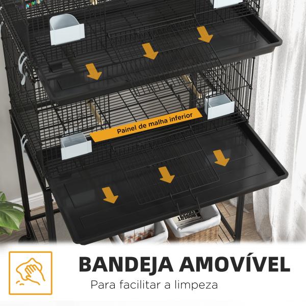 Gaiola Dupla e Empilhável para Pássaros 77x46x164 cm com Rodas Poleiros Bandeja Amovível Comedouros Baloiço e Escada Preto