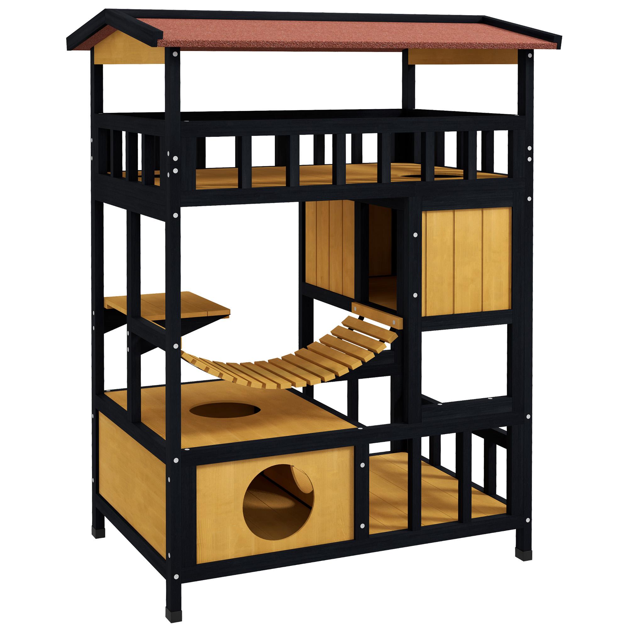 Casa para Gatos de Madeira 84x60x116 cm Abrigo para Gatos de 4 Níveis para Exterior com Ponte Suspensa Varanda Natural