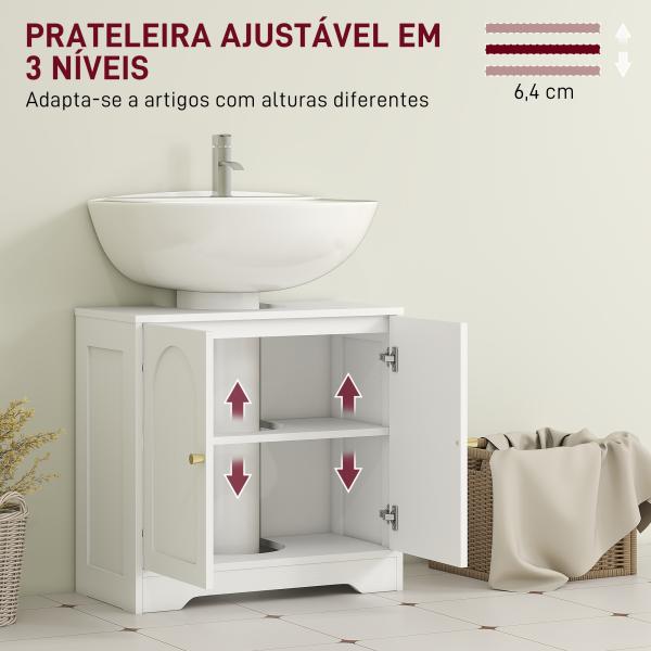 Móvel para Lavatório Pousar com 2 Portas em Arco Puxadores Dourados para Lavatório com ou sem Pedestal 60x30x65 cm Branco
