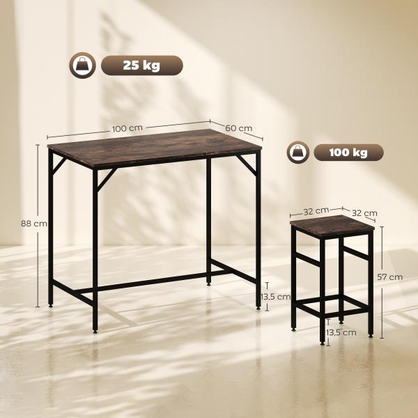 Conjunto de Mesa de Bar com 4 Bancos com Apoio para os Pés Mesa de 100x60x88cm e Bancos de 32x32x57cm Preto e Nogueira