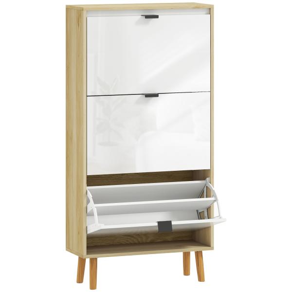 Sapateira Estreita com 3 Portas em Branco Brilhante Prateleiras Ajustáveis Pernas de Madeira para 18 Pares de Sapatos 60x24x127 cm