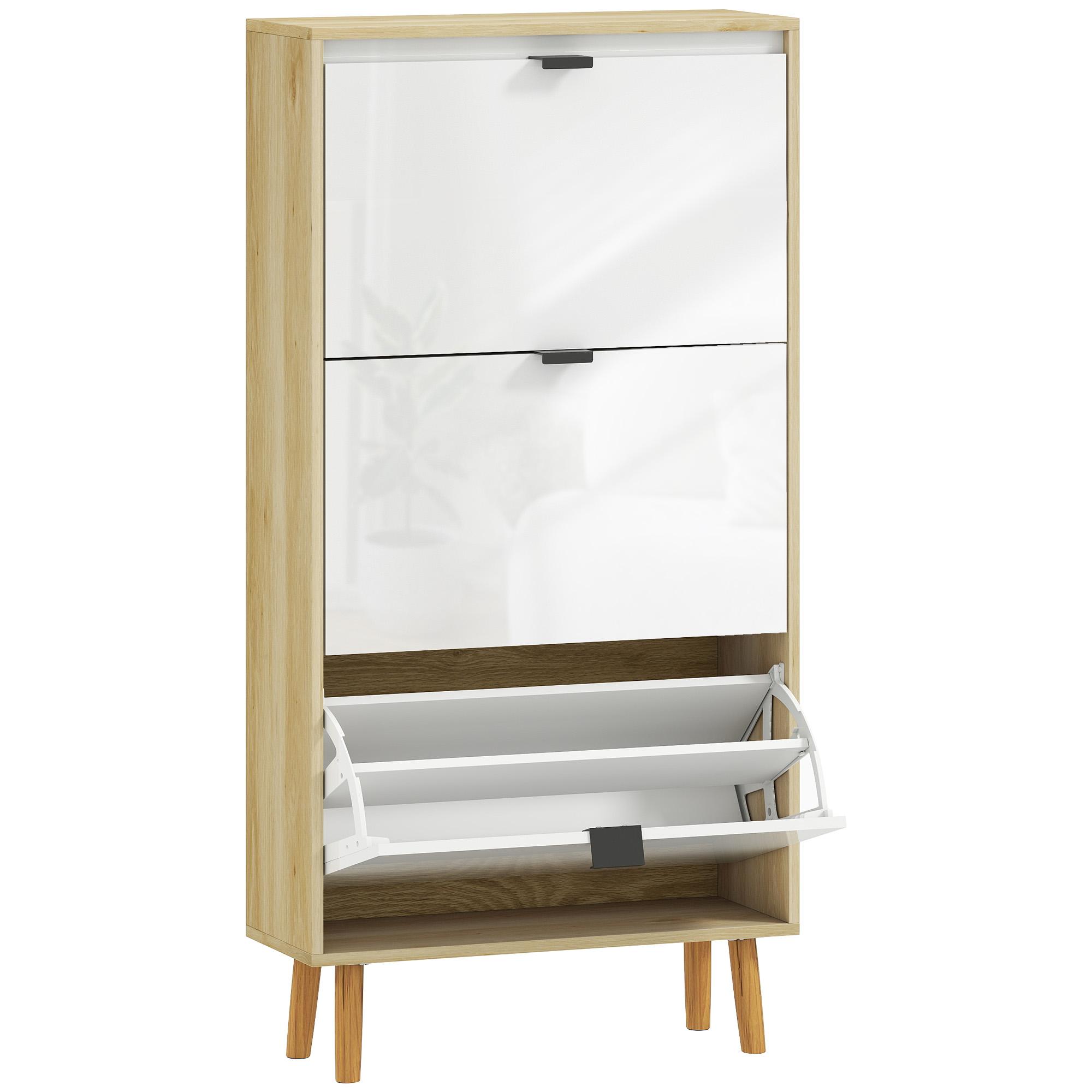 Sapateira Estreita com 3 Portas em Branco Brilhante Prateleiras Ajustáveis Pernas de Madeira para 18 Pares de Sapatos 60x24x127 cm