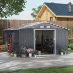Abrigo de Jardim Metálico 340x386x200cm Abrigo de Exterior para Armazenamento de Ferramentas com Base Incluida 4 Janelas de Ventilação e Porta Corredeira Cinza