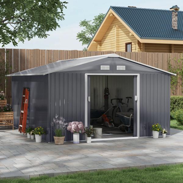 Abrigo de Jardim Metálico 340x386x200cm Abrigo de Exterior para Armazenamento de Ferramentas com Base Incluida 4 Janelas de Ventilação e Porta Corredeira Cinza