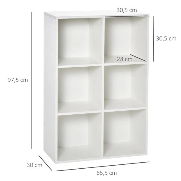 Estante para Livros Estante de Madeira de 3 Níveis com 6 Compartimentos de Armazenamento 65,5x30x97,5 cm Branco