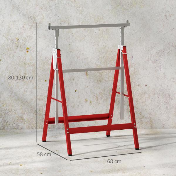 Conjunto de 2 Cavaletes Telescópicos Dobráveis com Altura Ajustável Cavaletes de Serra de Aço 68x58x80 - 130 cm Vermelho