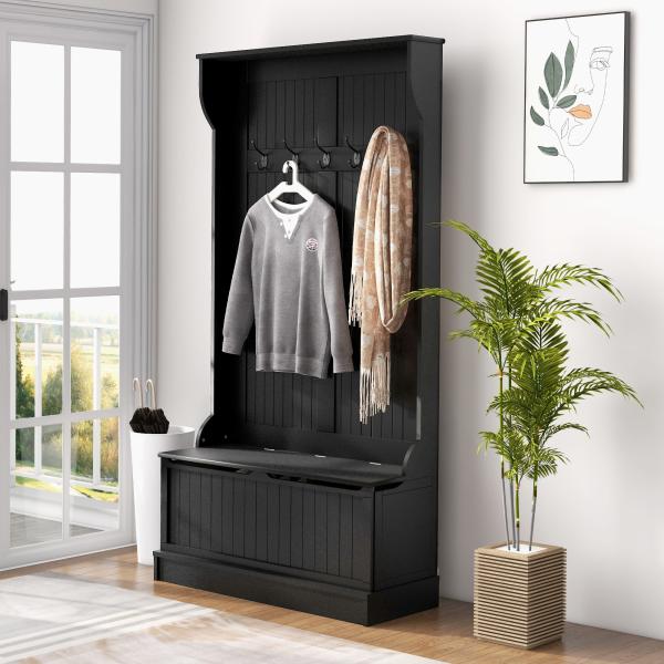 Móvel Cabide de Entrada com Banco Armário de Entrada com Cabide 5 Ganchos e Espaço de Armazenamento 96x34x179,7 cm Preto