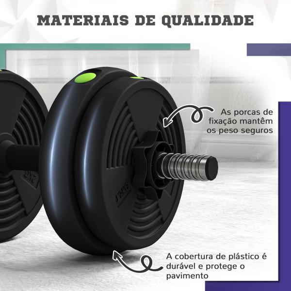 Kit de Halteres 15 kg 2 em 1 com Barra de Pesos Pega Antiderrapante para Treino de Força Preto Verde