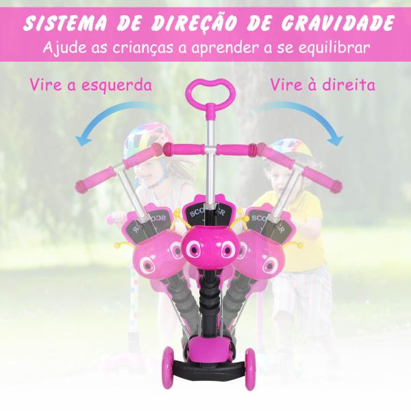 Trotinete 5 em 1 para Crianças com 3 Rodas Assento Removível e Guiador Ajustável Carga Máxima 50 kg 62x25x72,5 cm Rosa