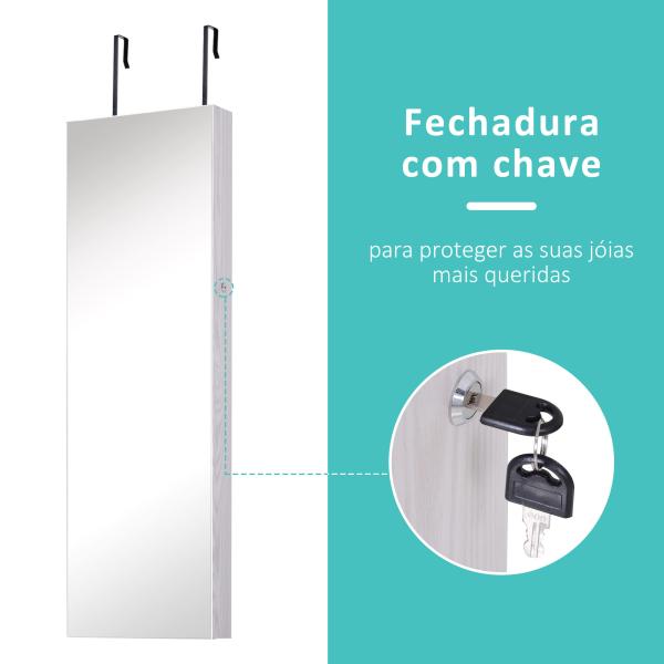 Espelho com Móvel de Bijuterias de Parede ou Porta Espelho de Parede com LED 5 Prateleiras 2 Gavetas pequenas e Fechadura 37x120x10cm Cinza Claro