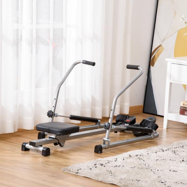 Máquina de Remo Hidráulico Dobrável com 4 Níveis de Resistência Ecrã Digital e Pedal Antiderrapante para Fitness em Casa Aço 129x70x70cm Preto e Prata