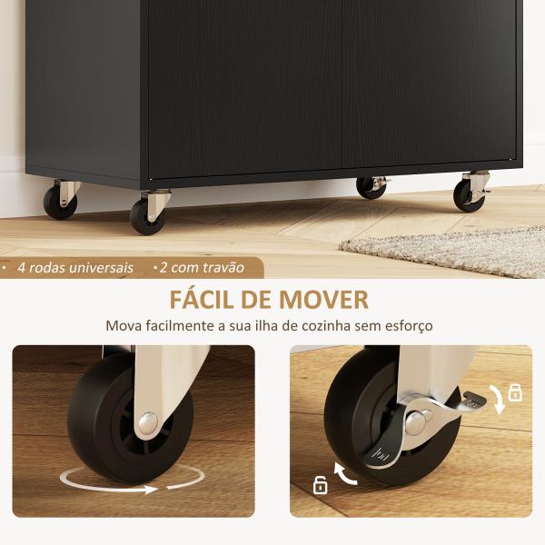 Ilha de Cozinha com Rodas com Lateral Dobrável Gaveta Suporte para Temperos e Prateleira Ajustável 106x42x87 cm Preto e Carvalho