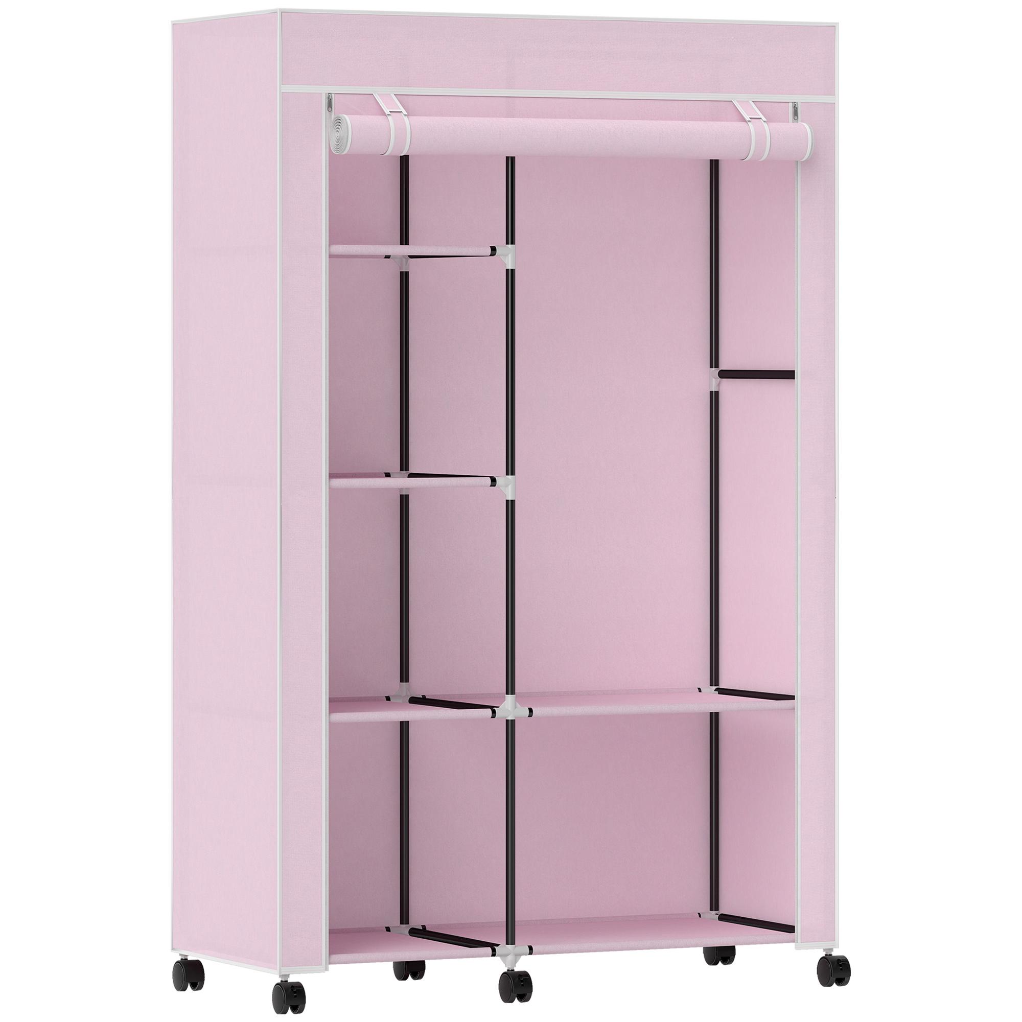 Roupeiro de Tecido Dobrável com 6 Prateleiras 1 Barra de Pendurar e Rodas para Dormitório Vestidor 103x43x162,5 cm Rosa