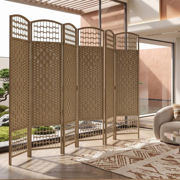 Biombo de 6 Painéis Separador de Ambientes 240x170 cm Divisor de Habitação Dobrável de Corda de Papel Madeira
