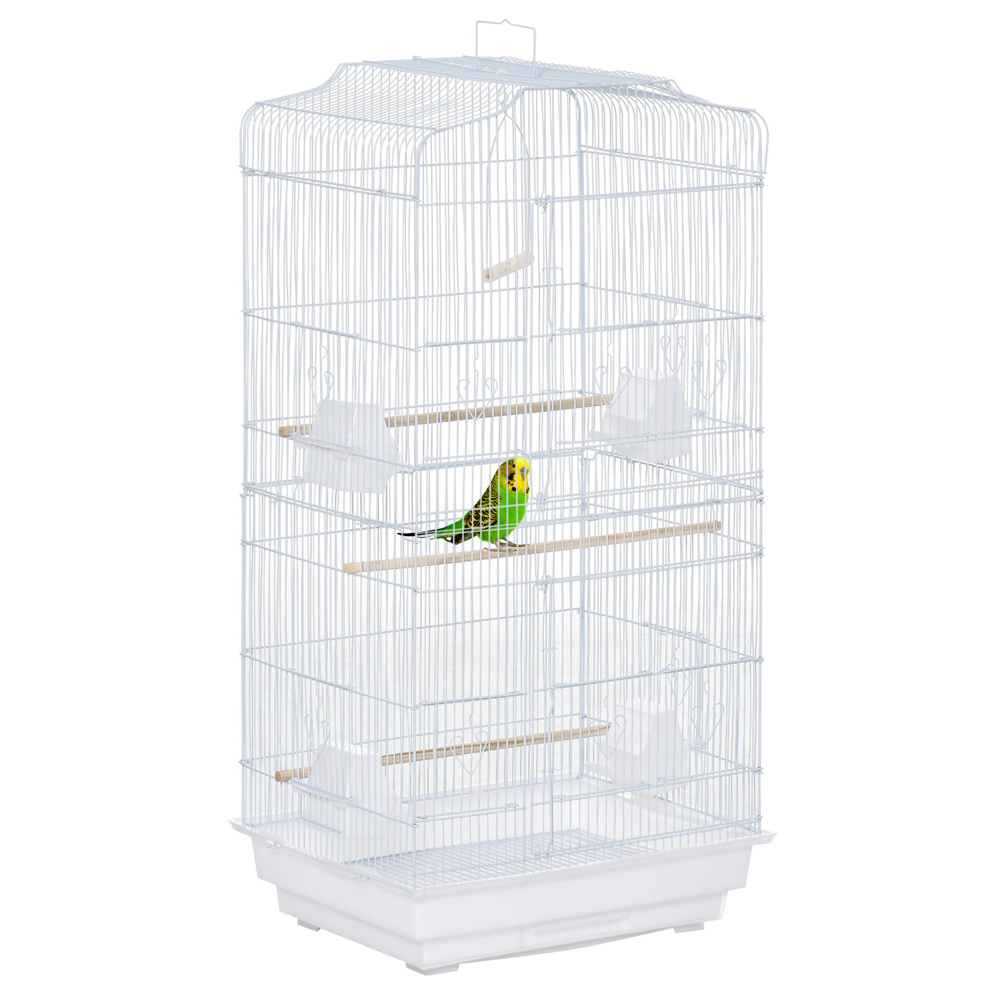 Gaiola para Passáros Gaiola de Metal com Portas 4 Comedouros 3 Poleiros Baloiço Bandeja Removível e Alça de Transporte para Papagaio Canário Periquito 46,5x35,5x92cm Branco