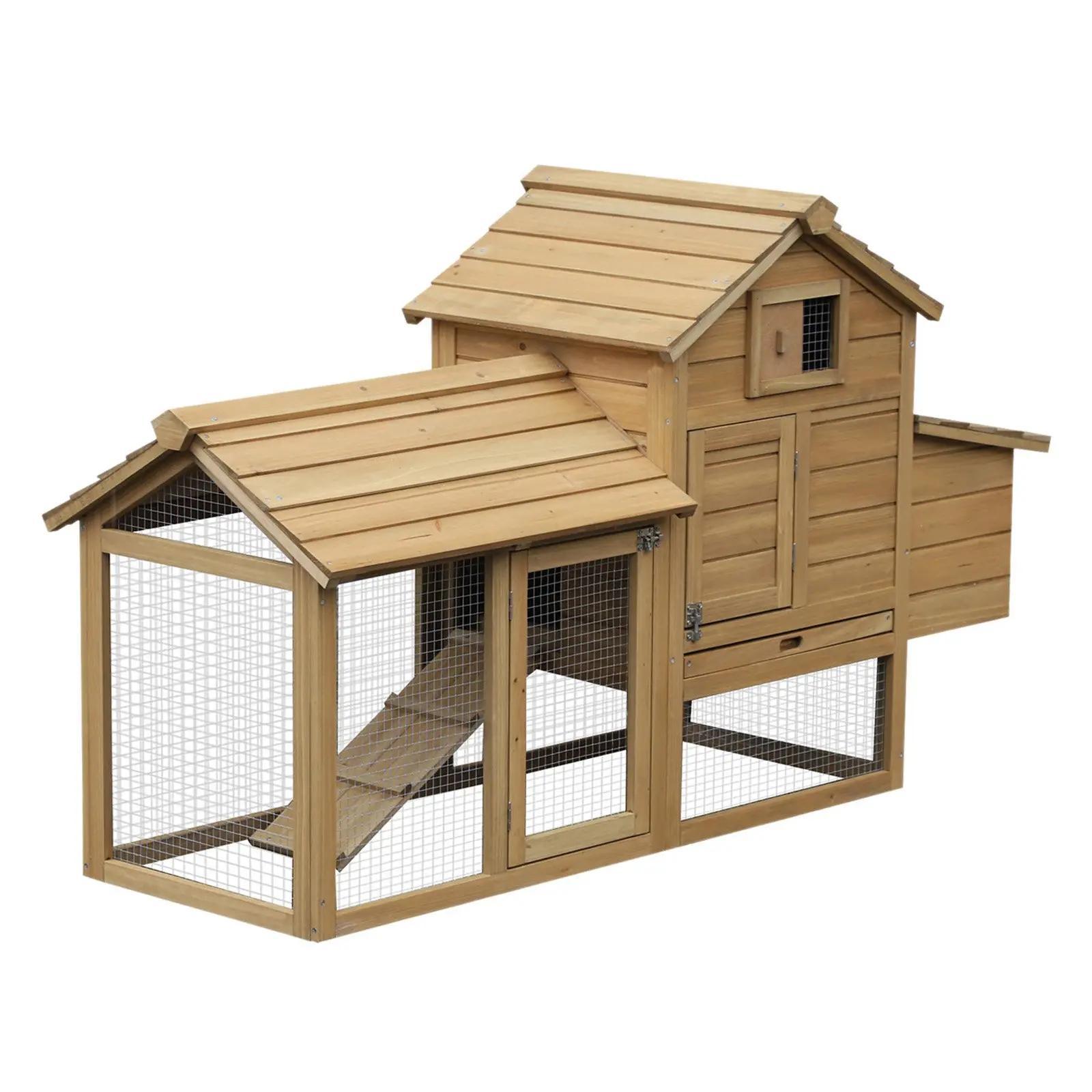 Galinheiro de Madeira de Abeto para Exterior Gaiola para 2 - 3 Galinhas com Cercado de Arame Teto Abatível Caixa Ninho Bandeja Removível e Rampa 150,5x54x87 cm Natural
