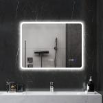 Espelho de Casa de Banho com Luz LED 80x60 cm Bluetooth 3 Cores de Luz Relógio Digital Função Antiembaciamento Função de Memória Prata