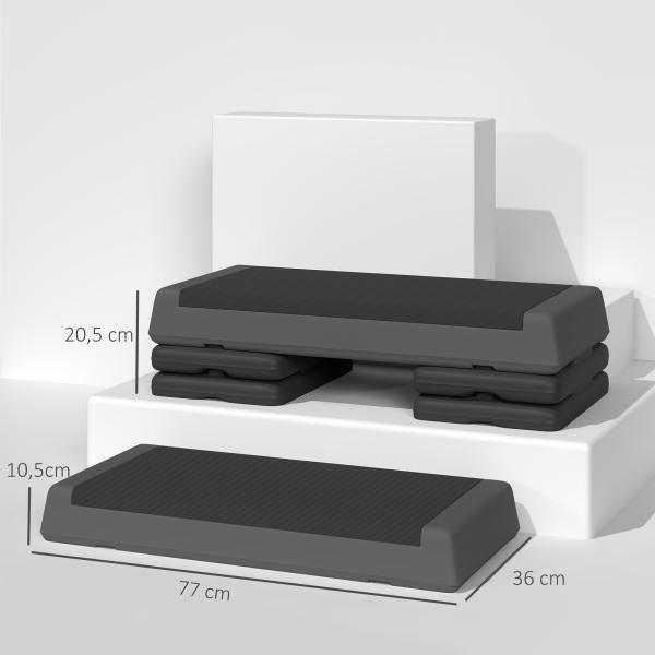 Step para Fitness Antideslizante Altura Regulável 3 Níveis de 10,5/15,5/20,5 cm Capacidade 250 kg 77x36x20,5 cm Cinza e Preto