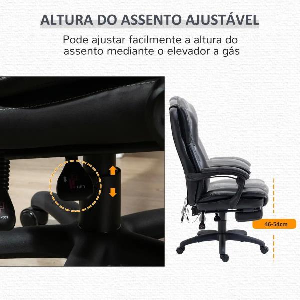 Cadeira de Escritório e Giratória Cadeira de Escritório com Altura Ajustável 6 Pontos de Massagem Controle Remoto e Apoio para os Pés Retrátil 68,5x68,5x119 - 127cm Preto