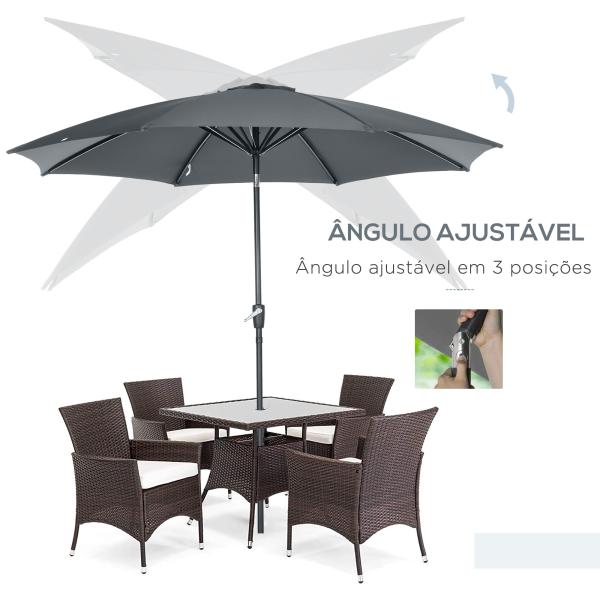 Chapéu de Sol a Manivela com Teto Inclinável e 8 Hastes de Metal para Pátio Varanda Exterior Ø300x240 cm Cinza