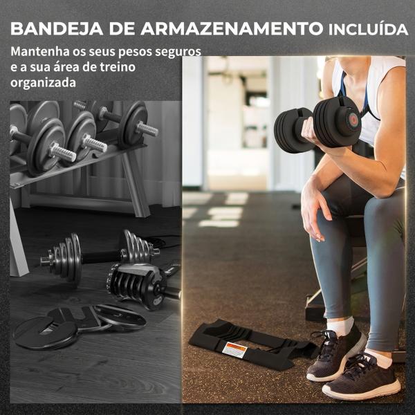 Halteres Ajustáveis 4 em 1 2x10 kg com Ajuste Rápido do Peso, Base de Armazenamento e Pega Antiderrapante para Treino em Casa