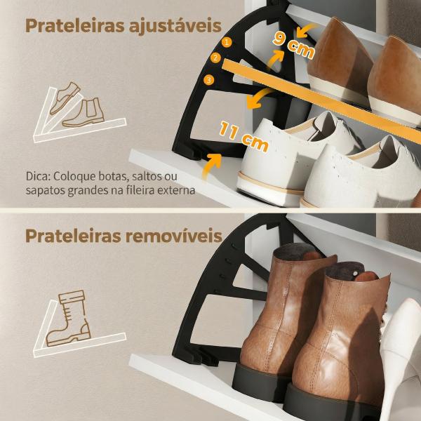 Sapateira Estreita com 2 Compartimentos Abatíveis Armário e Prateleiras Ajustáveis 10 - 14 Pares de Sapatos 110x25x110,6 cm Branco