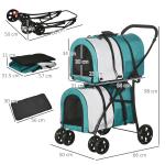 Carrinho Duplo para Cães Gatos Dobrável com 2 Transportadoras Portáteis Cinto de Segurança 66x50x98 cm Turquesa e Cinza