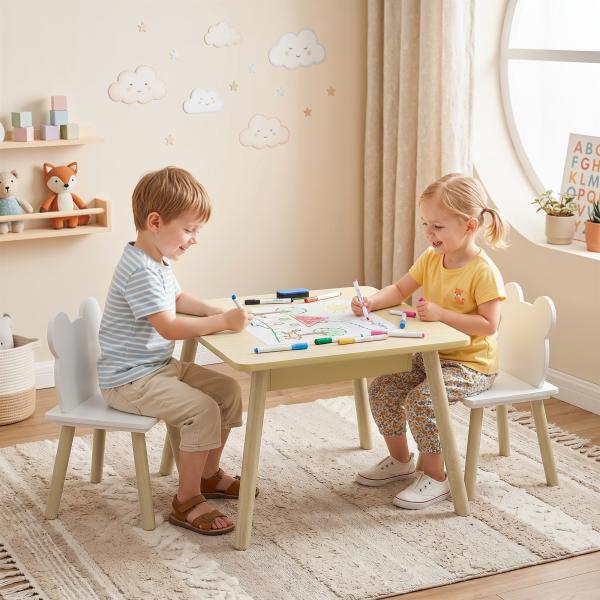 Conjunto de Mesa e 2 Cadeiras com Encosto em Forma de Ursinho e Compartimentos Ocultos Madeira e Branco