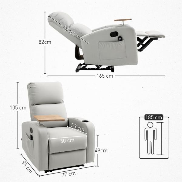 Poltrona de Massagem Poltrona Relax Elétrica com 4 Modos de Vibração Reclinação 145° Mesa 2 Bolsos Laterais 77x93x105 cm Cinza