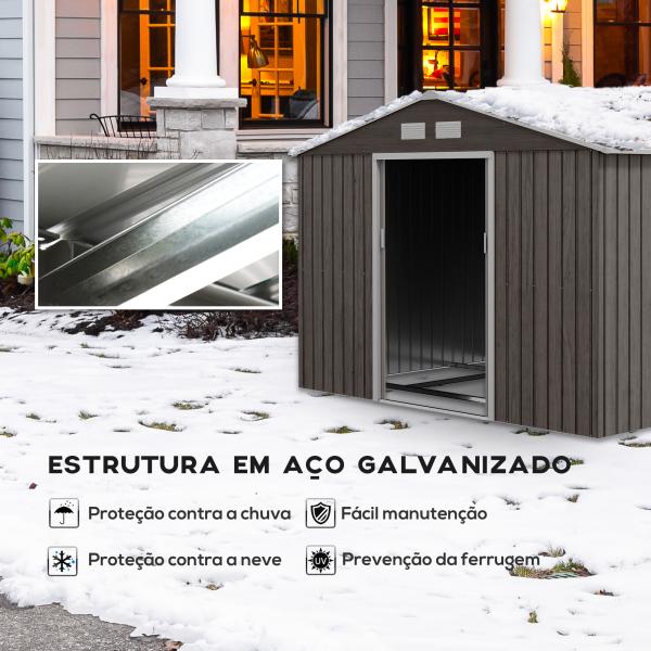 Abrigo de Jardim Exterior 4,83m² 277x195x192cm Abrigo e Jardim Metálico para Armazenamento de Ferramentas com Base Incluída e 4 Janelas Cinza